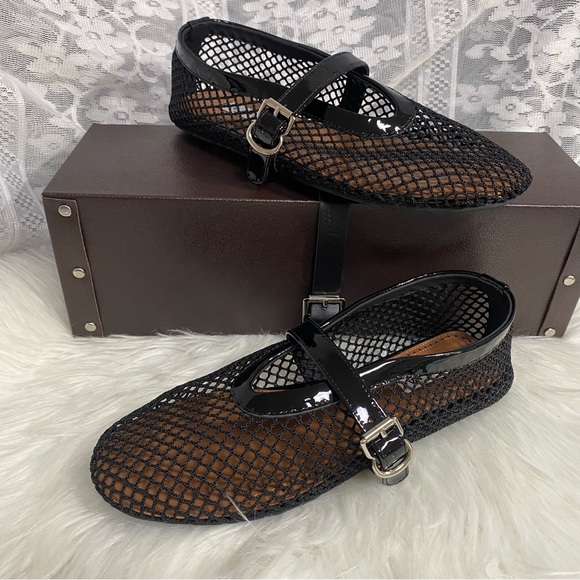 Alaia Black Mesh Flats with Patent Straps - Picture 1 of 7